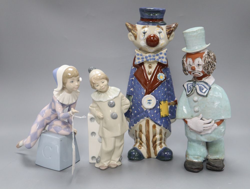 A Lladro clown and Jester together with two Spanish pottery clowns